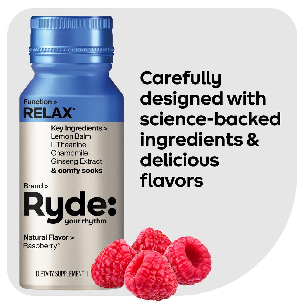 Ryde Relax Shot Raspberry bottle side view emphasizing travel-friendly form