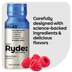 Ryde Relax Shot Raspberry bottle side view emphasizing travel-friendly form