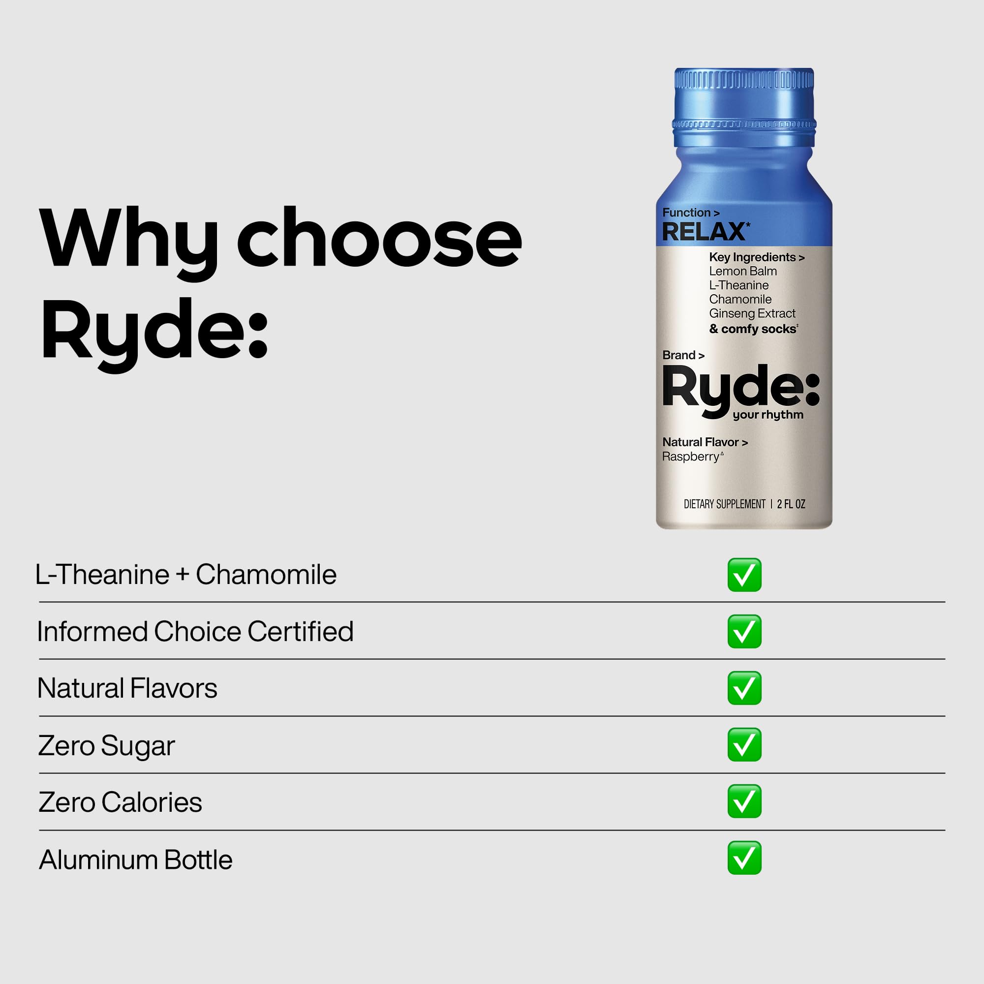 Ryde Relax Shot Raspberry bottle.top for easy opening