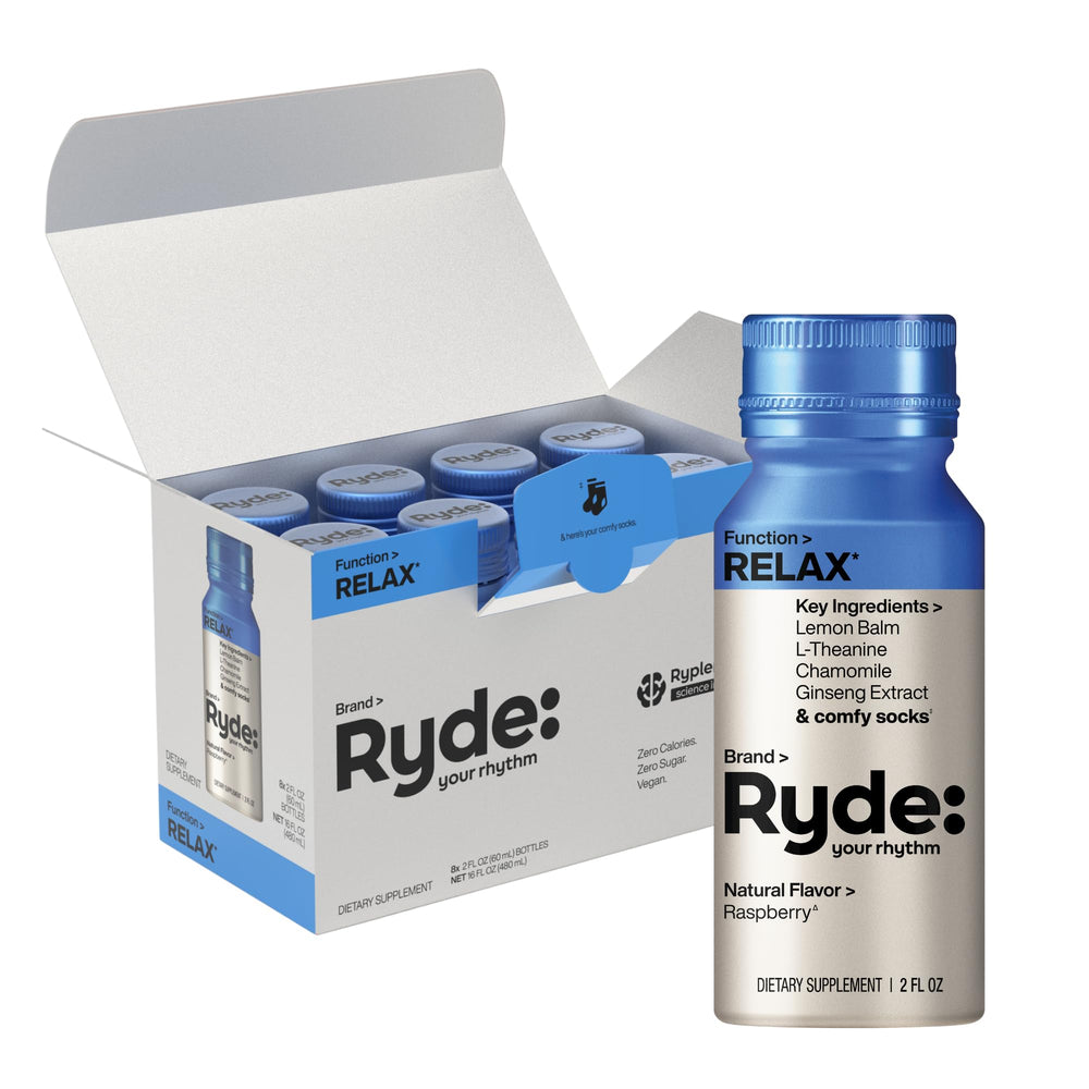 RYDE Relax Shot raspberry bottle for quick on-the-go calm.