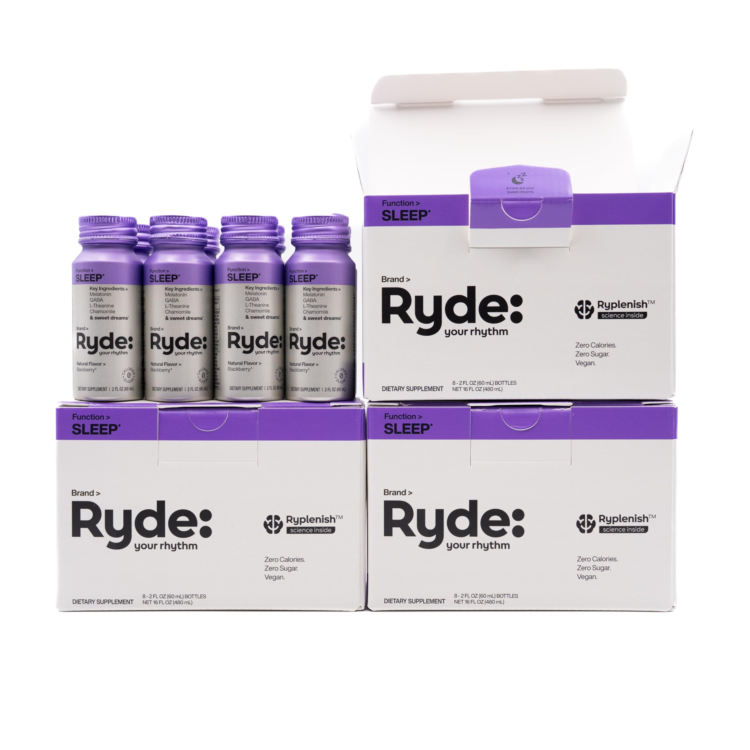 RYDE Sleep 2oz bottle on nightstand for quick relaxation.