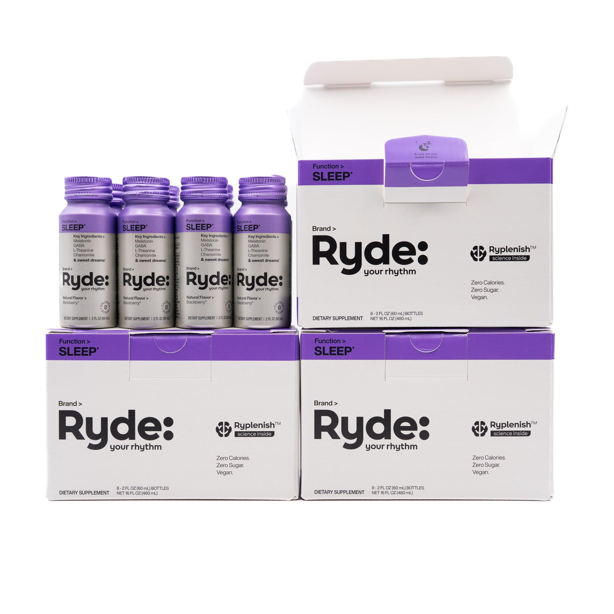 RYDE Sleep 2oz bottle on nightstand for quick relaxation.