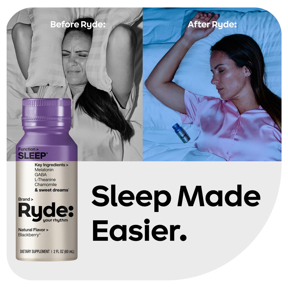 Close-up of RYDE Sleep label with melatonin and chamomile ingredients.