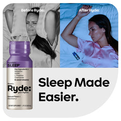 Ryde Sleep bottle featuring melatonin, GABA, L-Theanine, and chamomile for calm evenings.