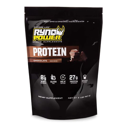 Ryno Power all-natural whey protein 2lb chocolate bag front for post-workout fueling