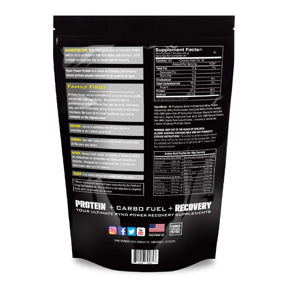 Ryno Power chocolate whey protein 2lb serving scoop shows packaging