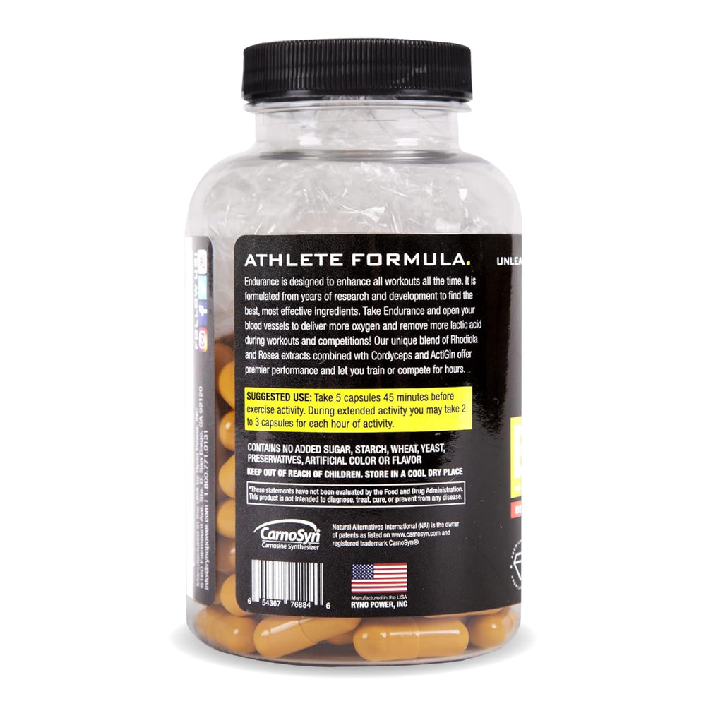 Ryno Power Endurance Capsules label closeup, highlighting non-GMO, gluten-free, vegan, and dairy-free notes.
