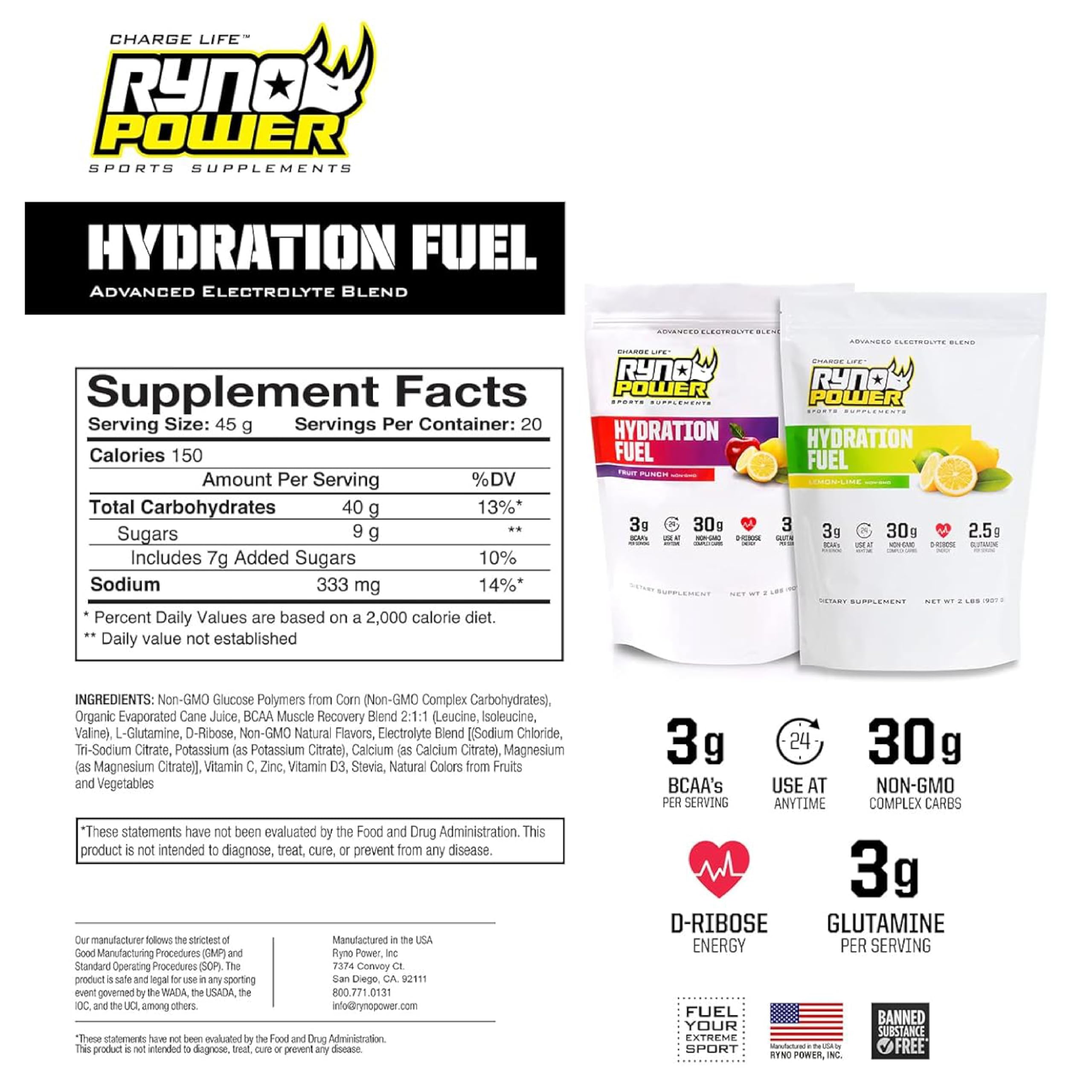 Ryno Power Hydration Fuel lemon-lime packaging for travel