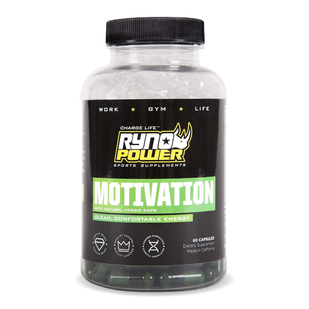 Ryno Power Motivation bottle front for workout energy.