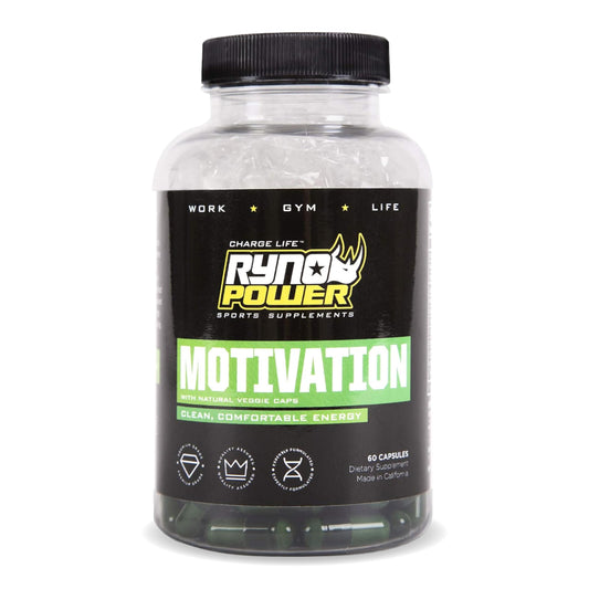 Ryno Power Motivation bottle front for workout energy.
