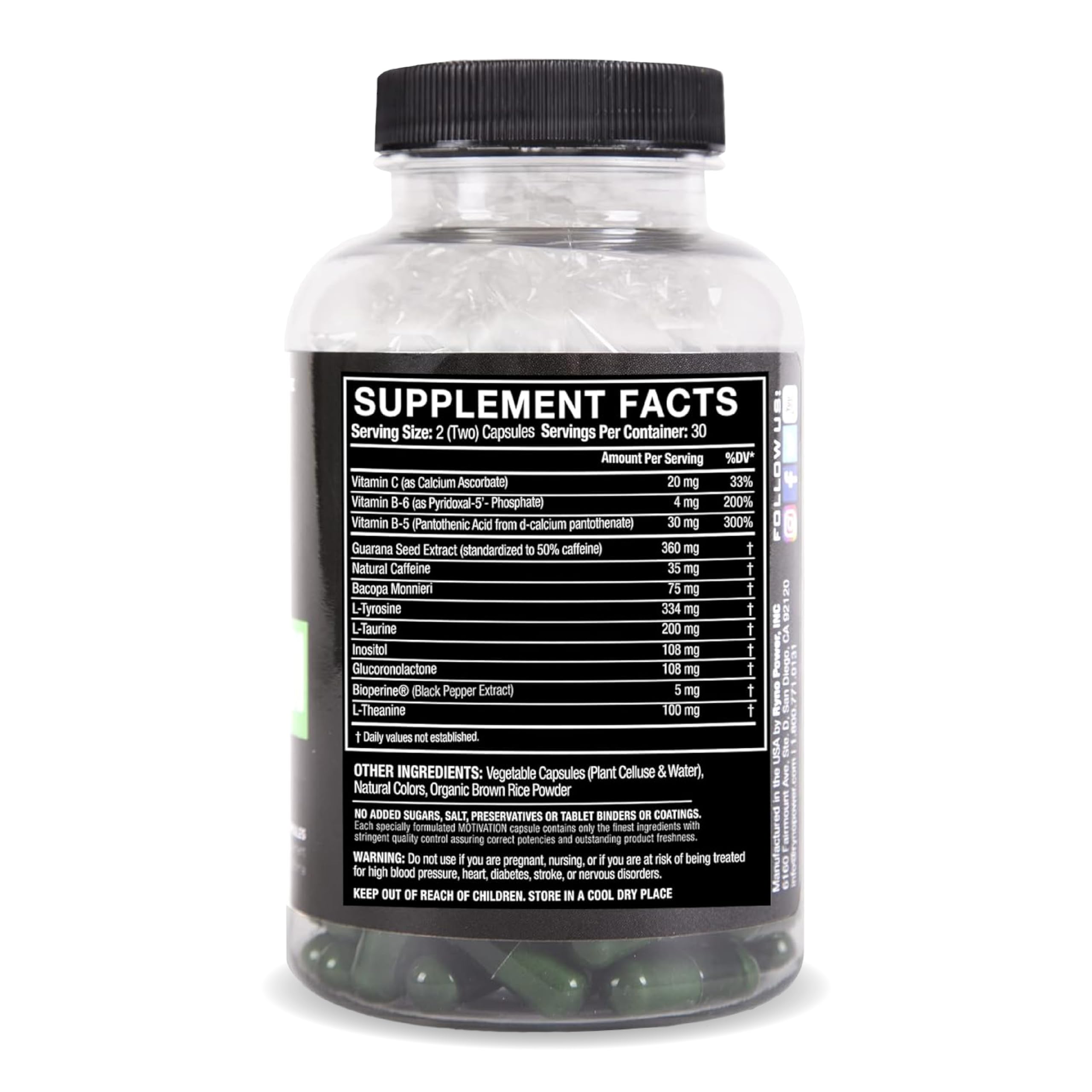 Ryno Power Motivation bottle side shows portable, convenient dosing.
