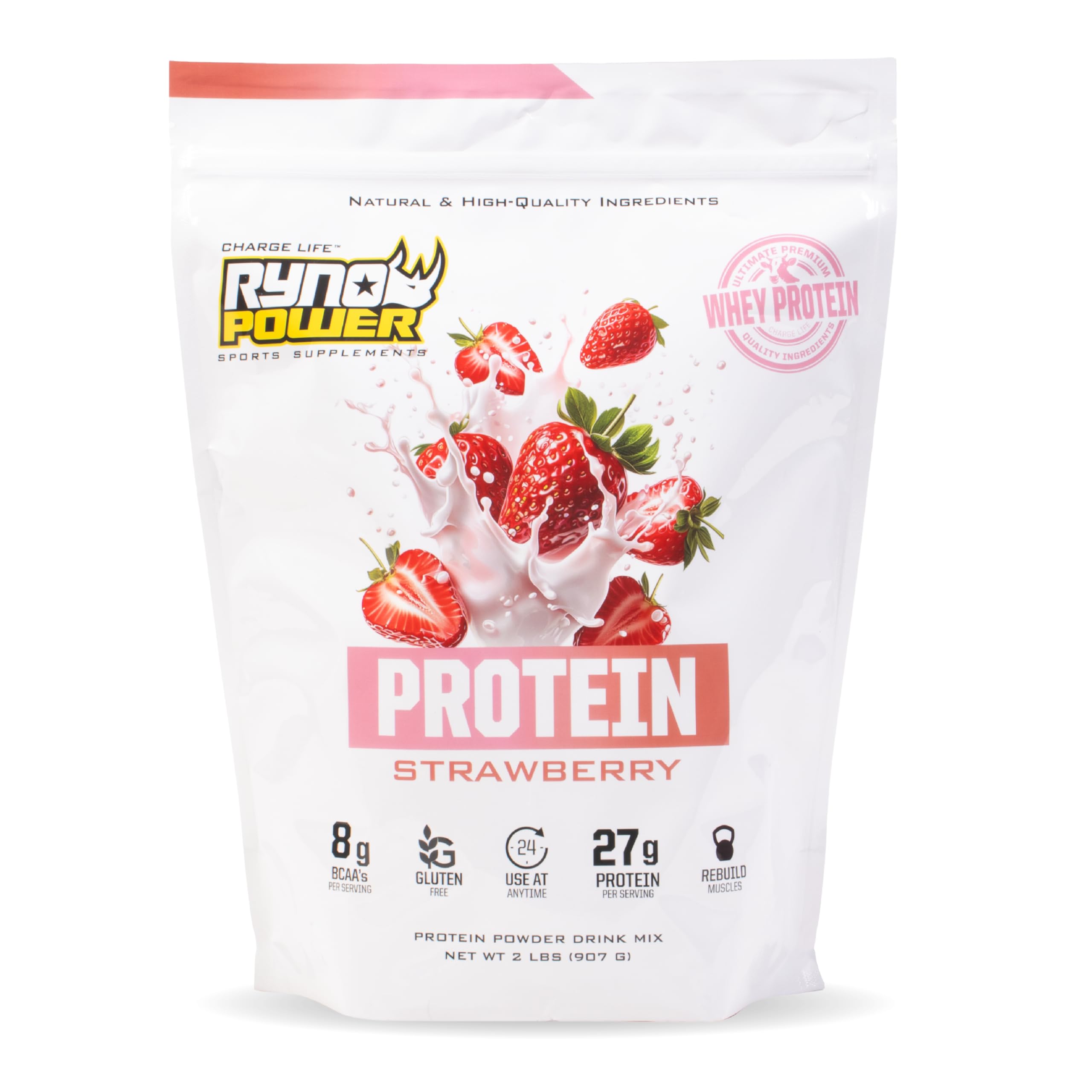 Ryno Power Strawberry Whey bag front showing natural formula and label