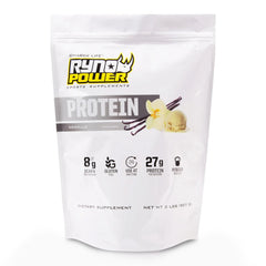 Ryno Power vanilla whey 2lb bag, convenient protein source.