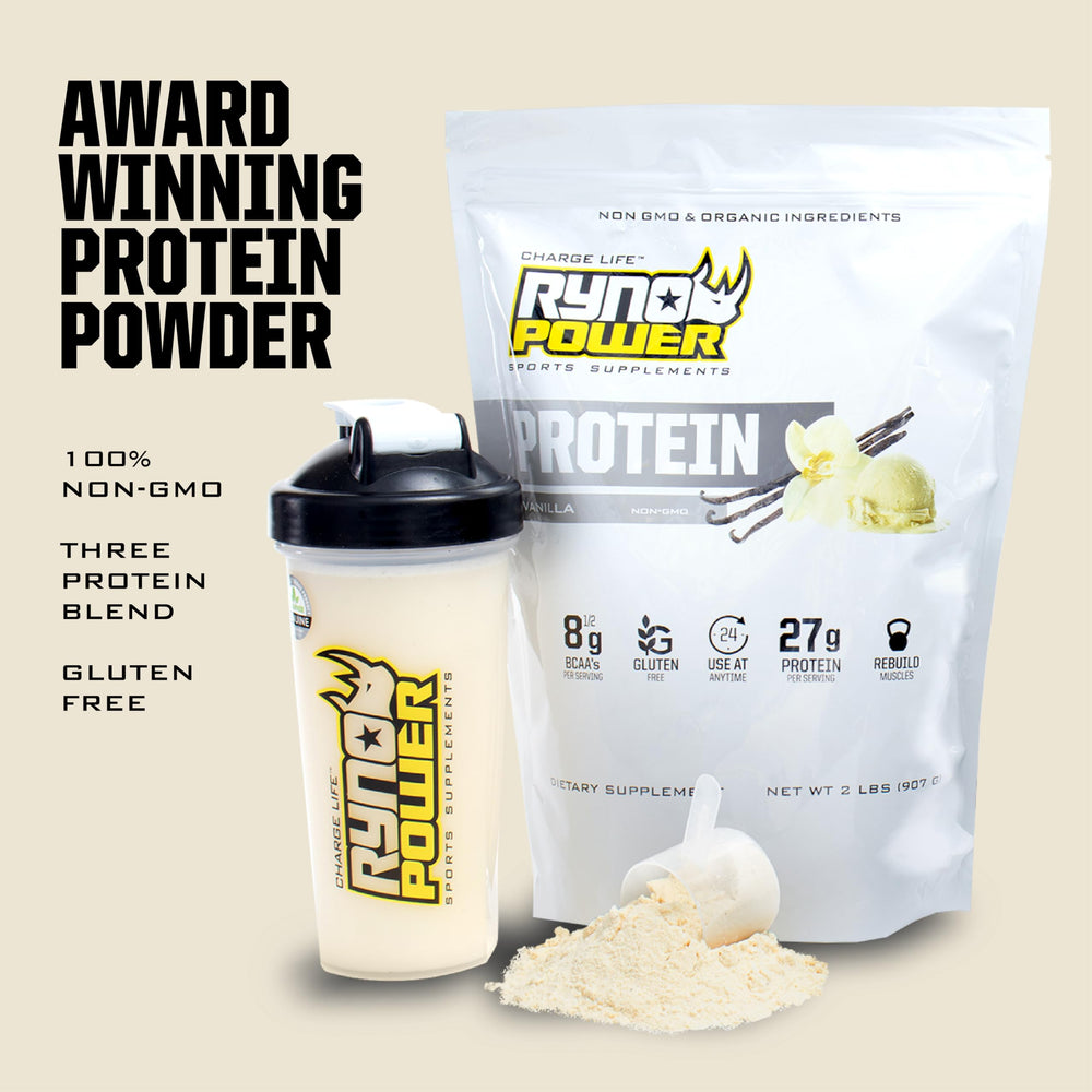 Ryno Power vanilla whey shake in glass, smooth texture.