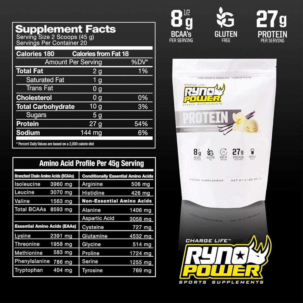 Ryno Power vanilla whey tub open showing powder.