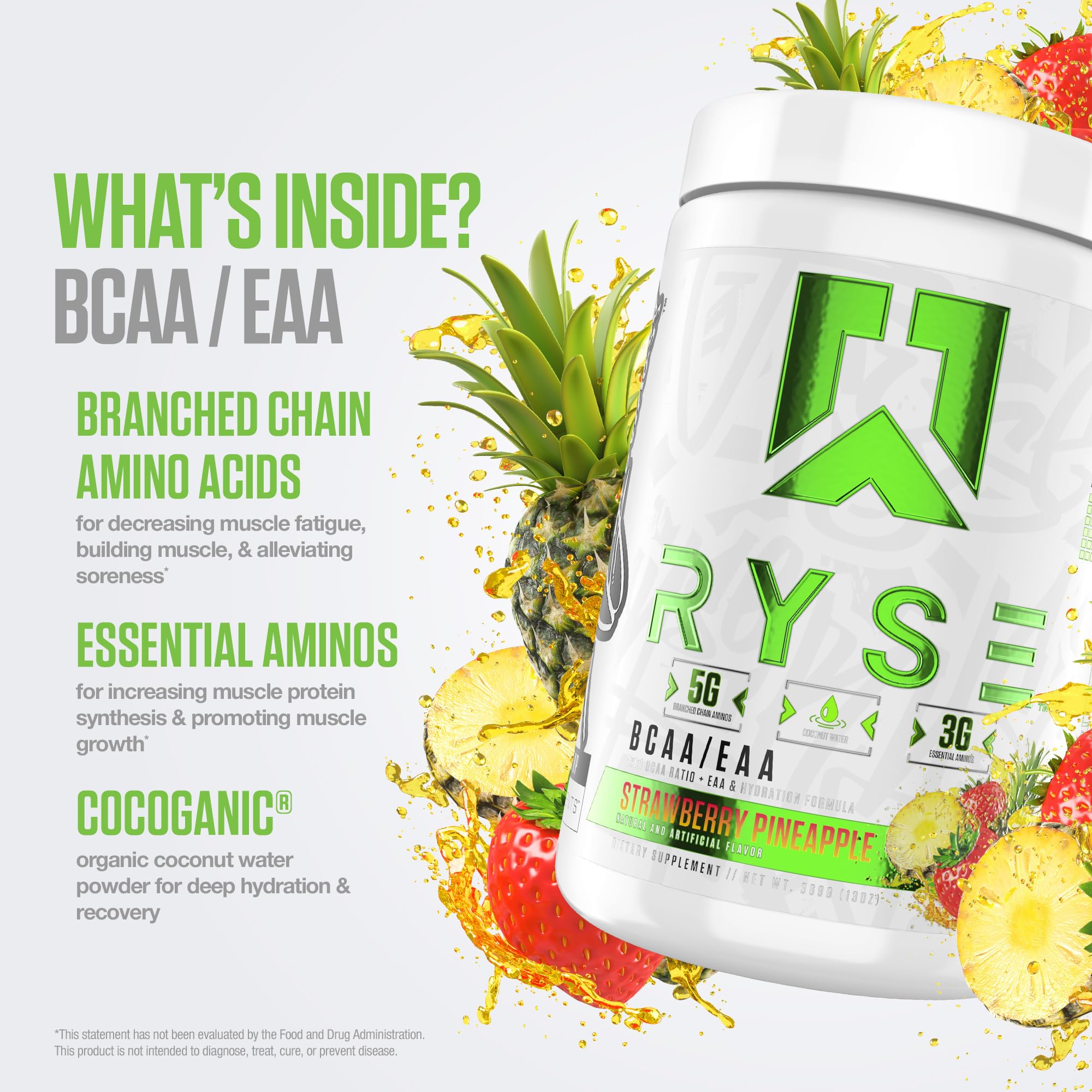RYSE BCAA EAA powder with coconut water hydration shown