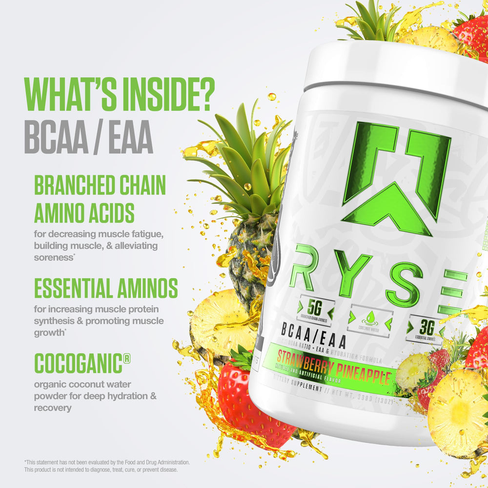 RYSE BCAA EAA powder with coconut water hydration shown