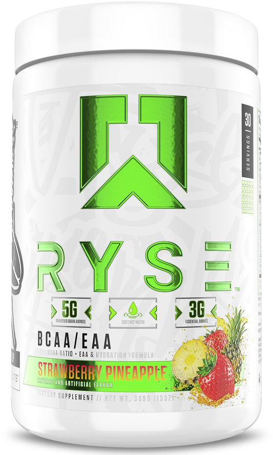 RYSE BCAA EAA powder bottle in Strawberry Pineapple flavor for lean recovery