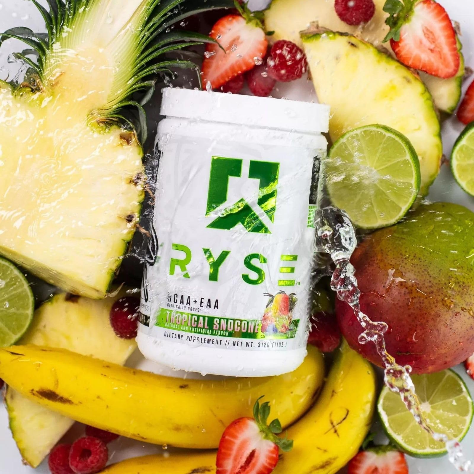 RYSE BCAA EAA Tropical SnoCone flavor label shows zero sugar.