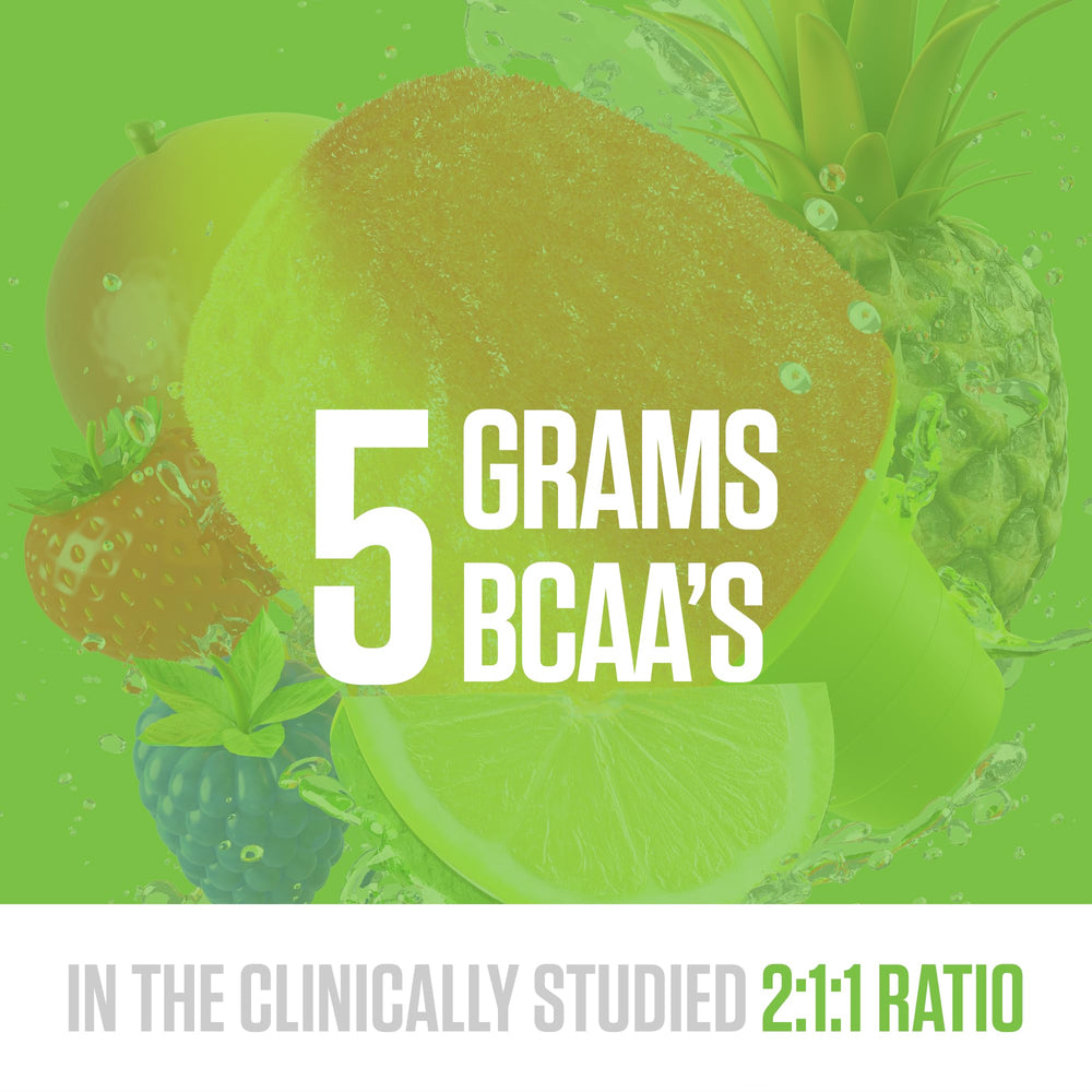 RYSE BCAA EAA Tropical SnoCone label highlights 5g BCAAs and 3g EAAs.