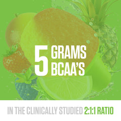 RYSE BCAA EAA Tropical SnoCone label highlights 5g BCAAs and 3g EAAs.