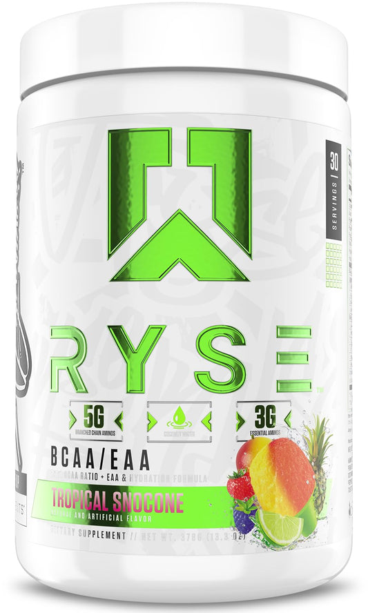 RYSE BCAA EAA Tropical SnoCone powder tub for post-workout recovery and hydration.
