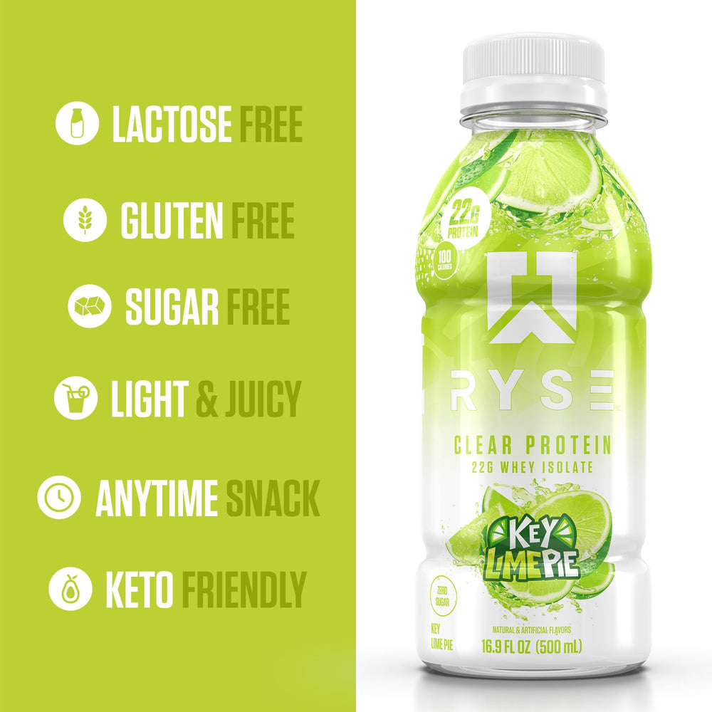 RYSE Clear Protein bottle on display emphasizes lactose-free protein convenience.