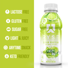 RYSE Clear Protein bottle on display emphasizes lactose-free protein convenience.