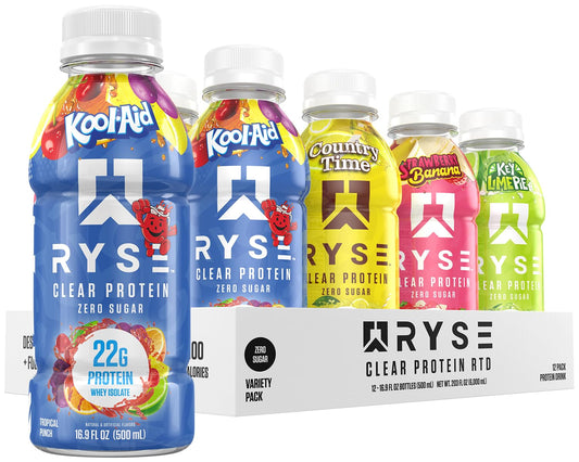 RYSE Clear Protein Drink bottle in Country Time Lemonade flavor for post-workout refreshment
