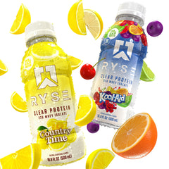 RYSE Clear Protein Drink ready-to-drink bottle shown beside gym gear