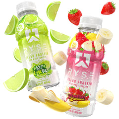 RYSE Variety Pack of clear protein drinks on kitchen counter