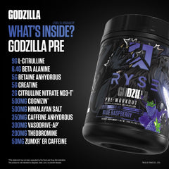 RYSE Godzilla Blue Raspberry ingredients panel highlighting key compounds