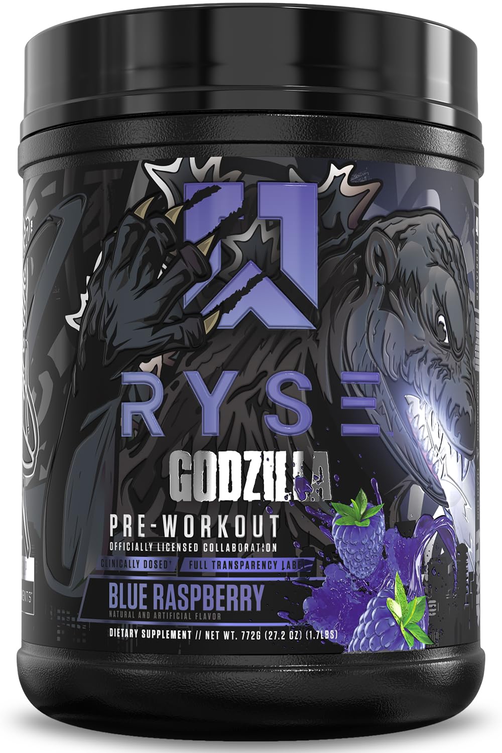RYSE Godzilla Blue Raspberry tub front for an intense pre‑workout experience