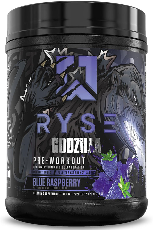 RYSE Godzilla Blue Raspberry tub front for an intense pre‑workout experience