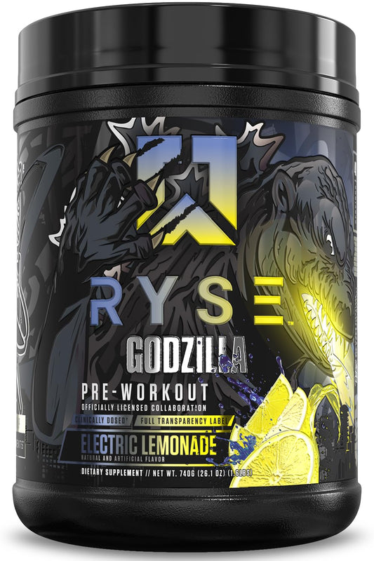 RYSE Godzilla Electric Lemonade bottle front view shows branding and premium pre-workout energy.