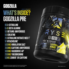 RYSE Godzilla Electric Lemonade label closeup emphasizes ingredients like citrulline and caffeine.