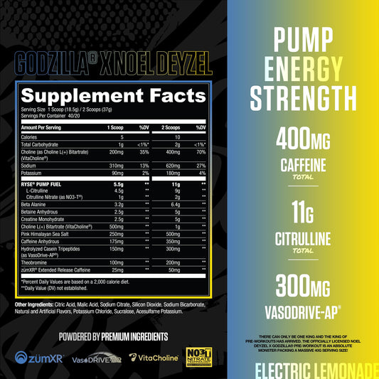 RYSE Godzilla Electric Lemonade scoop pour demonstrates convenient serving for a quick energy boost.