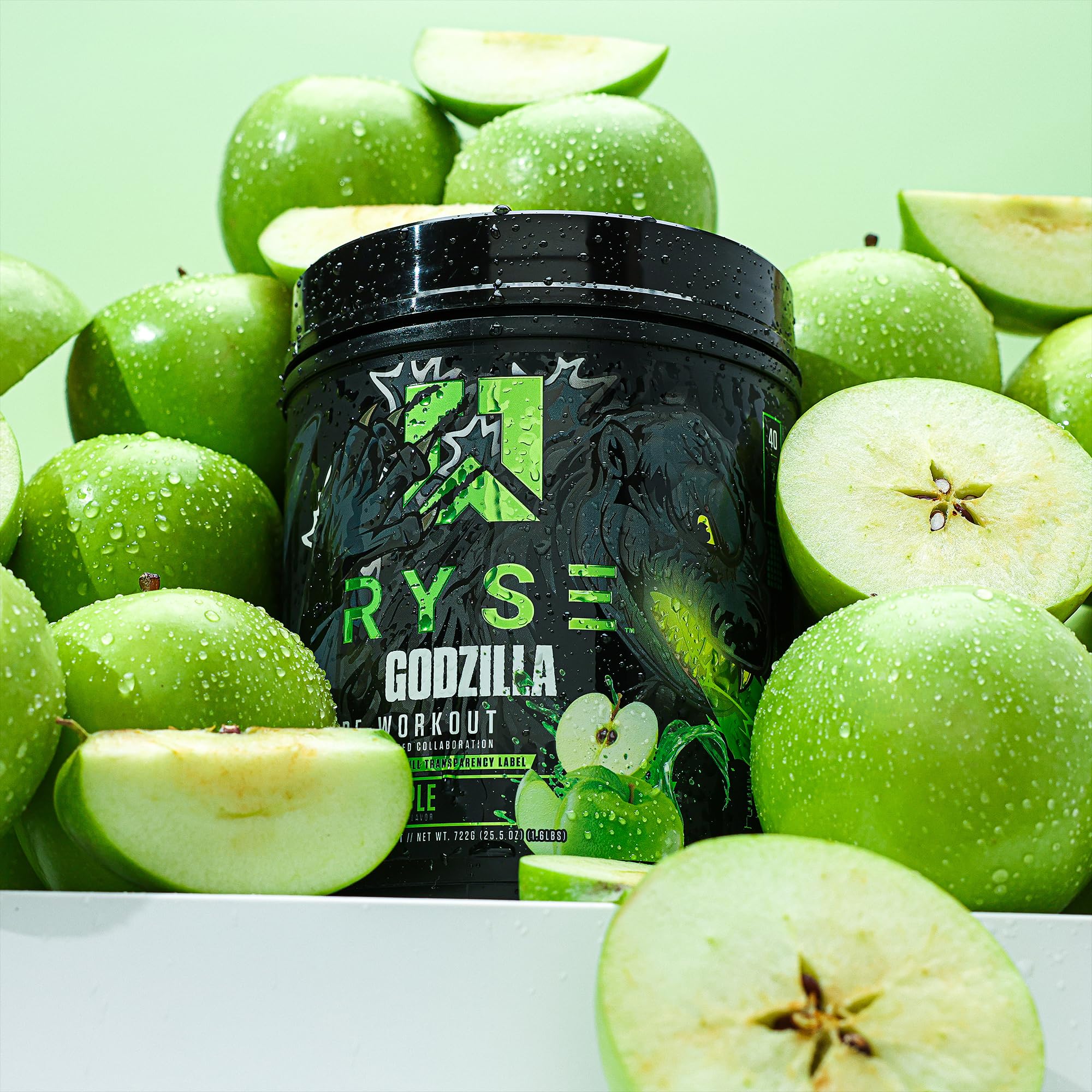 RYSE Godzilla bottle with pink Himalayan salt suggests hydration support.