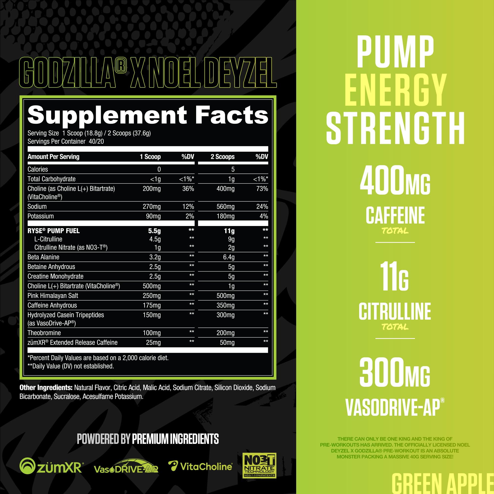 RYSE Godzilla Green Apple powder being poured to power through workouts.