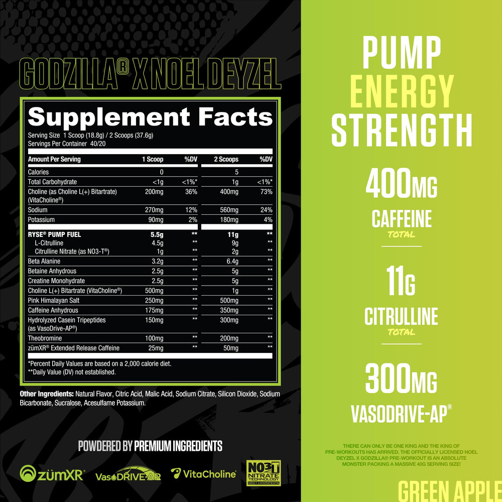 RYSE Godzilla Green Apple powder being poured to power through workouts.