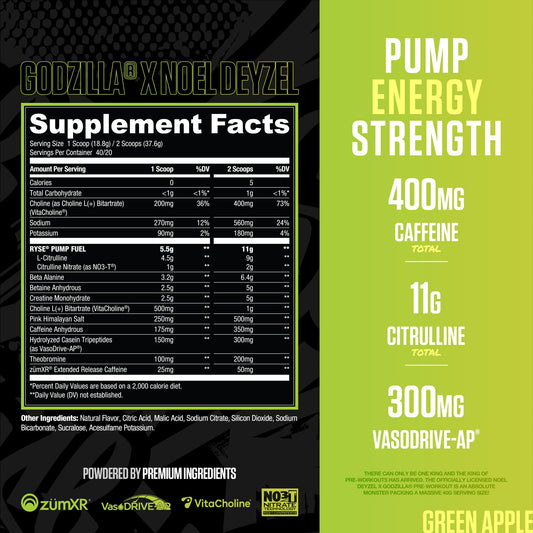 RYSE Godzilla Green Apple powder being poured to power through workouts.