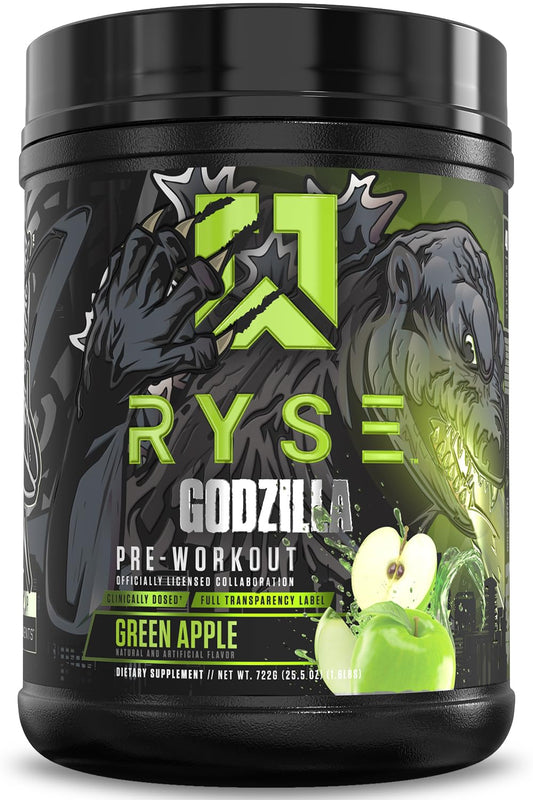 RYSE Godzilla Green Apple tub front highlighting energy-boosting pre-workout.