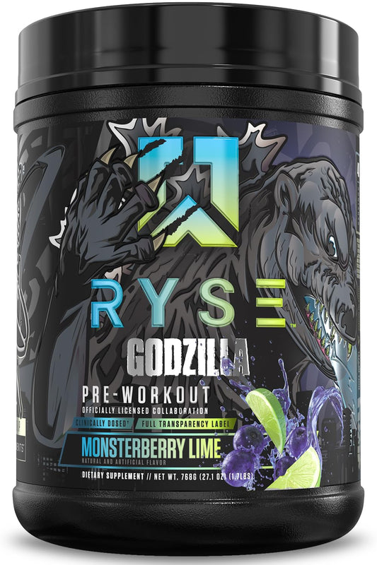 RYSE Godzilla Monsterberry Lime bottle front promotes energized pre-workout sessions.