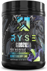 RYSE Godzilla Monsterberry Lime bottle front promotes energized pre-workout sessions.