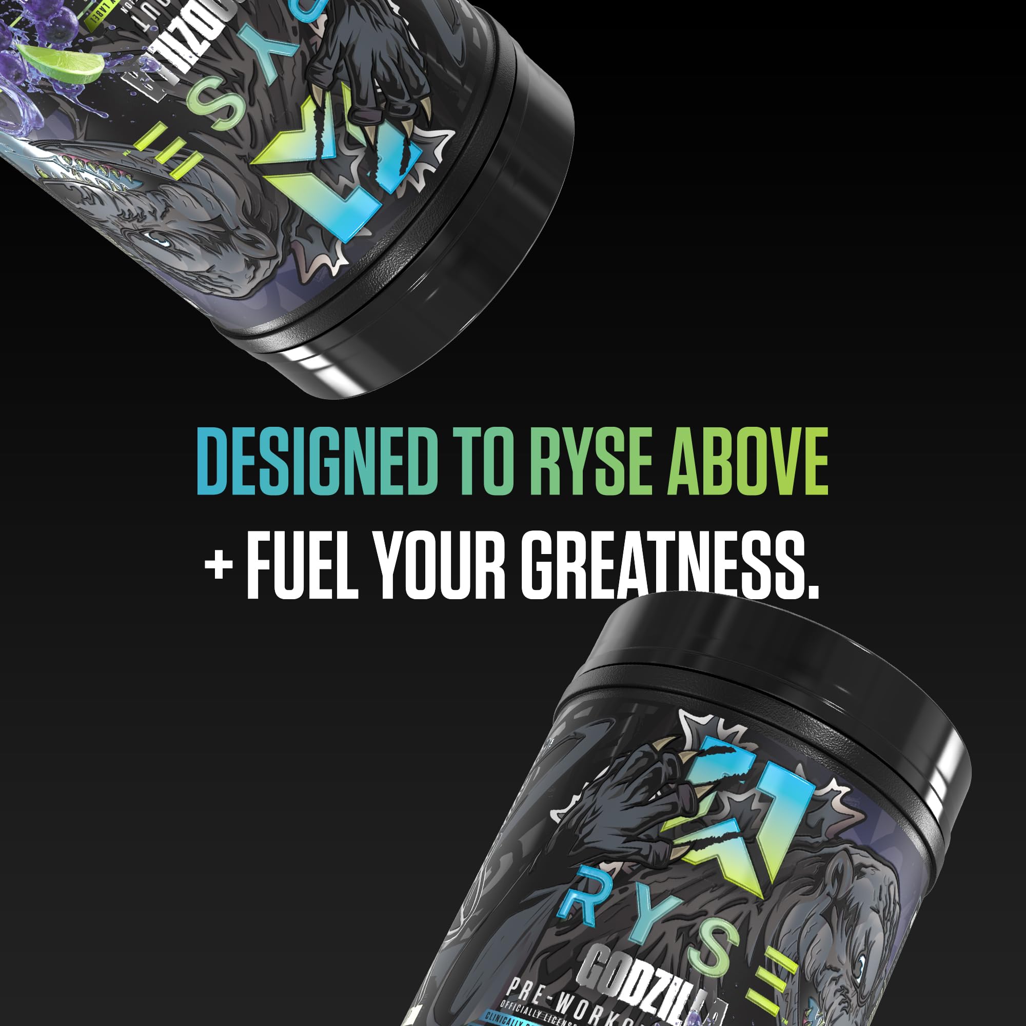 RYSE Godzilla Monsterberry Lime bottle with label emphasizes stimulant-rich formula for energy.