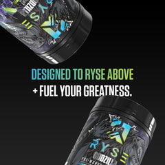 RYSE Godzilla Monsterberry Lime bottle with label emphasizes stimulant-rich formula for energy.
