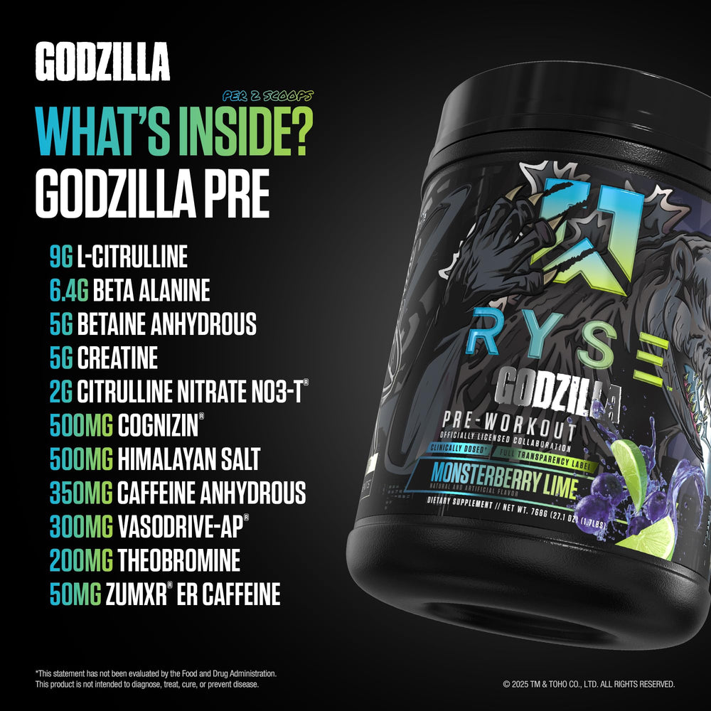 RYSE Godzilla Monsterberry Lime ingredients panel highlights citrulline and beta alanine for pumps.