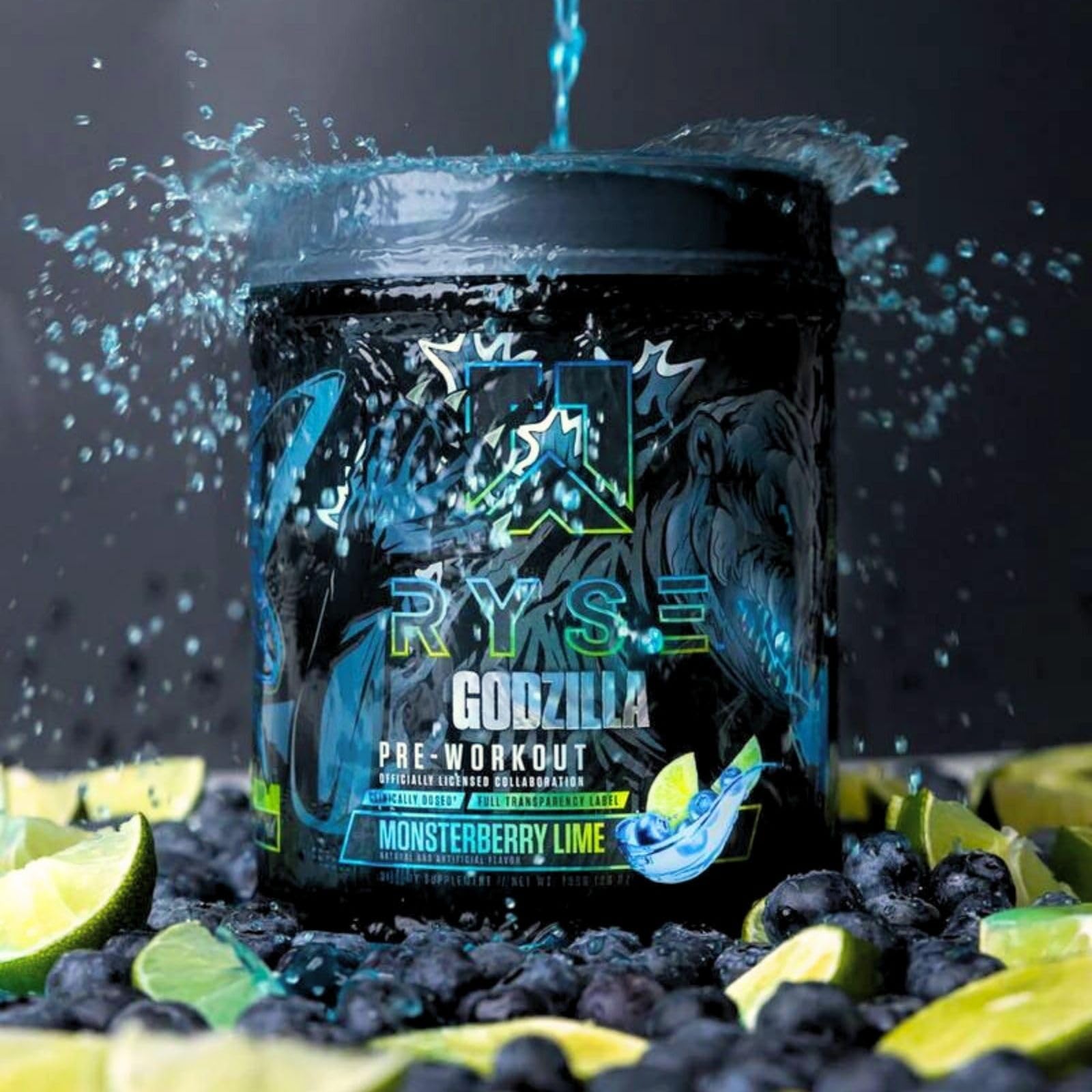 RYSE Godzilla Monsterberry Lime package shot showcases bold branding and flavor appeal.