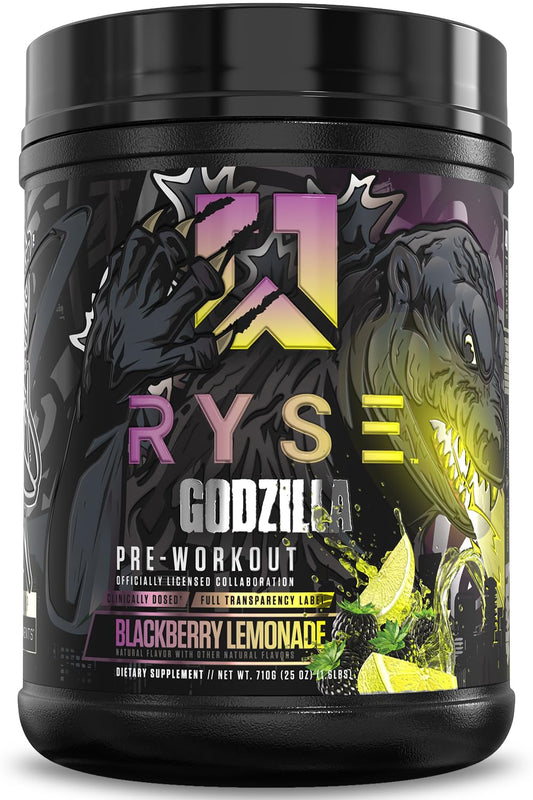 RYSE Godzilla Blackberry Lemonade pre-workout powder tub for intense training.