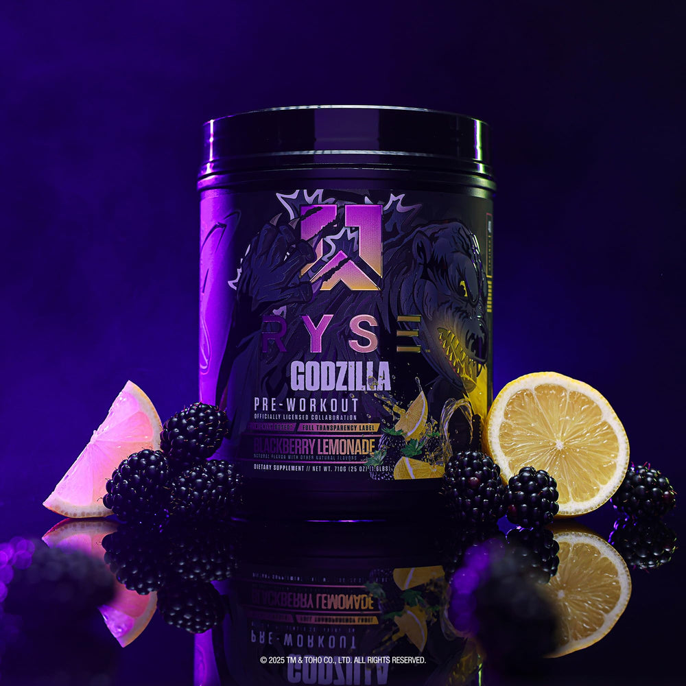 Close-up of the RYSE label highlighting caffeine per serving.